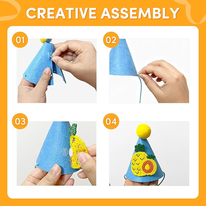 12pcs Mini Party Hats for Stuffed Animals, Small Colorful Birthday Hats with Cute Fruit Knitted Applique for Dolls Dogs Cats Rabbits, Birthday Party Decoration Supplies