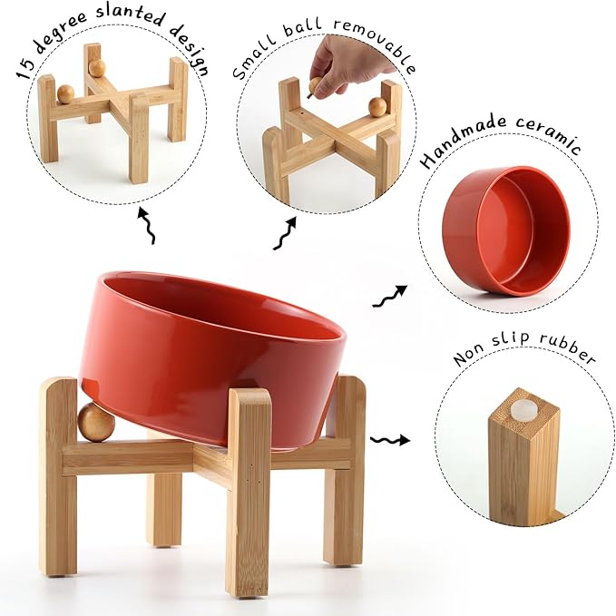 Petygooing Raised/Elevated 15°Slanted Ceramic Dog Bowl for Small Breeds,Tilted Anti Slip Pet Feeding Bowl,Food Water Dish with Stand for Cats and Small Dogs Puppy 13.5 OZ (5.1In / 1.7 Cups) Rust Red