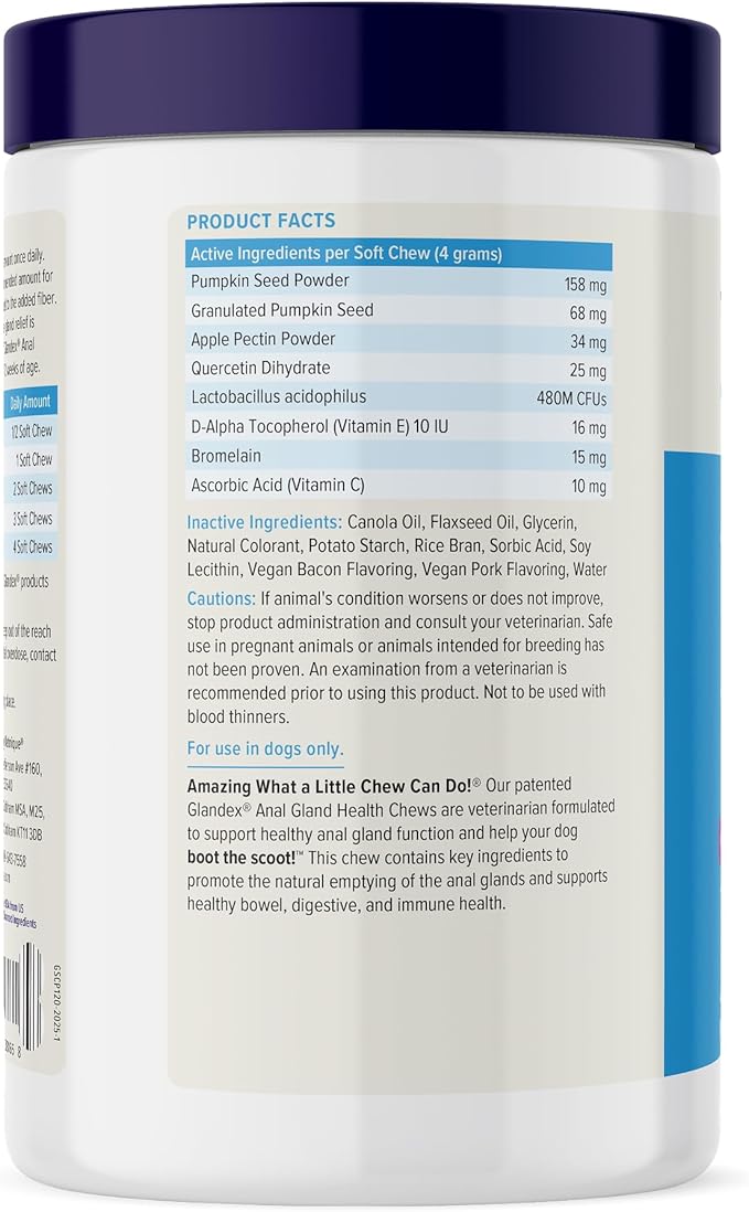 Vetnique Glandex Anal Gland Soft Chew Treats with Pumpkin for Dogs Digestive Enzymes, Probiotics Fiber Supplement for Dogs Boot The Scoot (Bacon Flavor Chews, 120 Count)