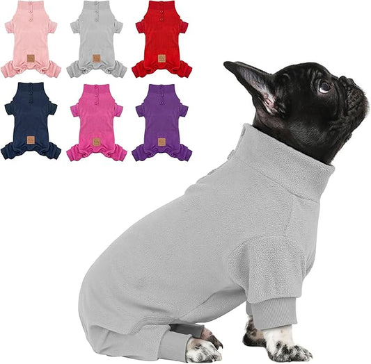 cyeollo Dog Pajamas Fleece Dog Pjs Thermal Dog Onesie Stretchy Jumpsuit Doggie Warm Pet Coat Outfits for Winter Cat Apparel Color Grey