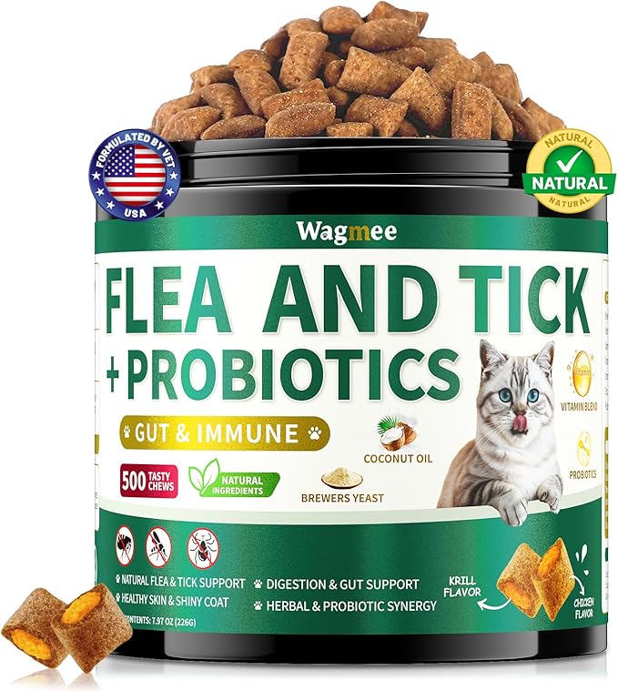 Flea and Tick Prevention for Cats Chews, 500 Crunchy & Creamy Flea Chews, Cat Flea Chewables with Probiotics - Skin & Coat Support - Fleas & Tick Supplement for Cats Kittens - Natural Chicken Flavor