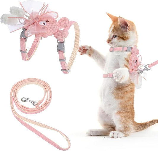 TIESOME Cat Harness and Leash Set, Adjustable Gradient Kitten Harness Escape Proof Harness with Leash for Kitty Outdoor Walking (Ribbon Bear Pink)