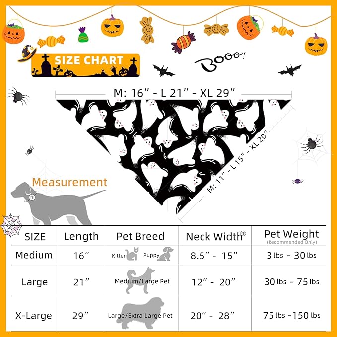 Halloween Dog Bandanas Black Ghost Spooky Boo Costumes, Cute Holiday Triangle Pet Scarf with Snap Button for Boys, 75lbs+, Extra Large Breed