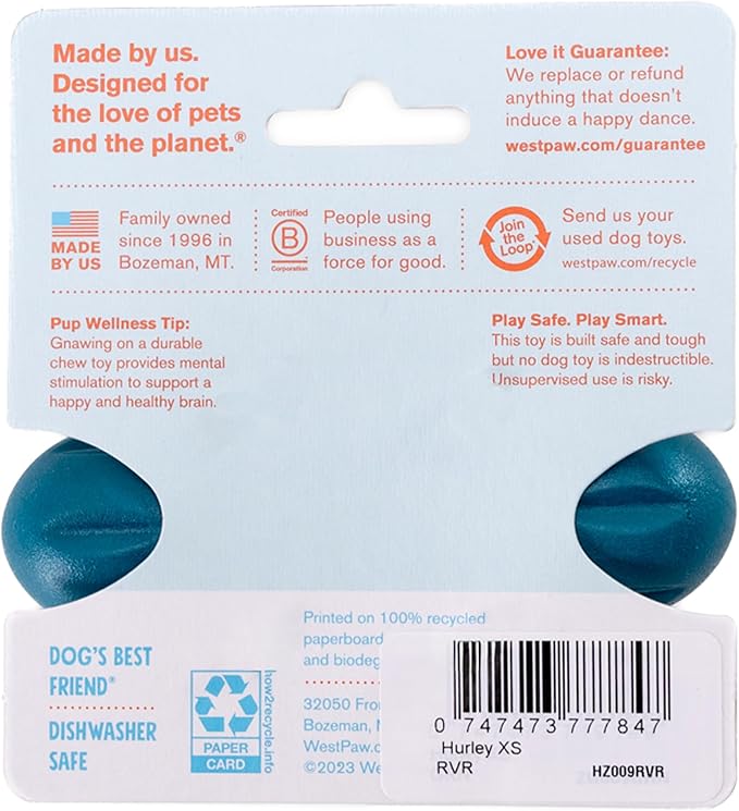 WEST PAW Hurley Dog Bone Chew Toy for Tough Chewers- Safe and Durable Fetch and Chew Toy for Dogs- Dishwasher Safe, Lightweight, Floatable, Made in USA - for Small Dogs - River Blue, XS