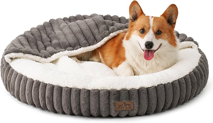 Dog Bed with Hooded Blanket, Round Fluffy Anti-Anxiety Pet Bed for Medium Dogs & Large Dogs, Cozy Donut Cuddler with Machine Washable Faux Fur & Anti-Slip Bottom(35"×35"×7",Grey)