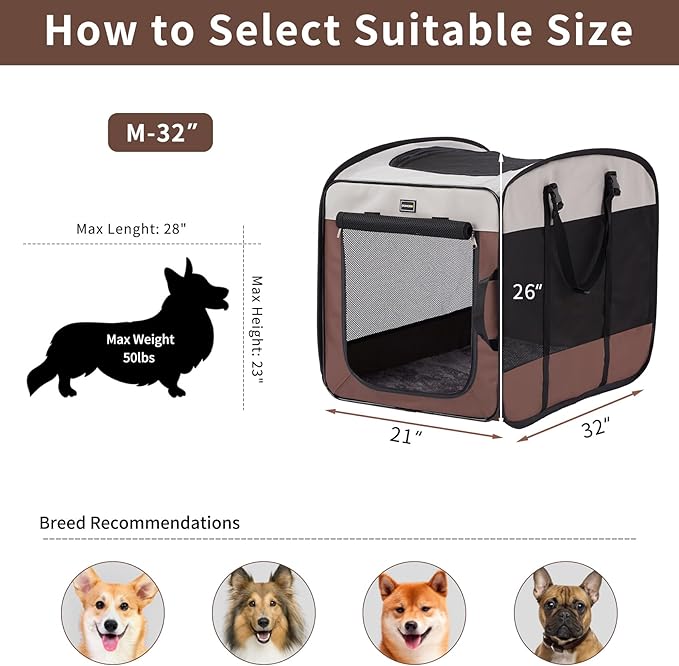 DONORO Dog Kennels and Crates for Medium Dogs, Portable Pop Up Indoor Pet Cage with Sturdy Wire Frame, Collapsible Travel Crate Soft Sided Cat Bag Escape Proof (Brown, 32.0" L x 21.0" W x 26.0" H)