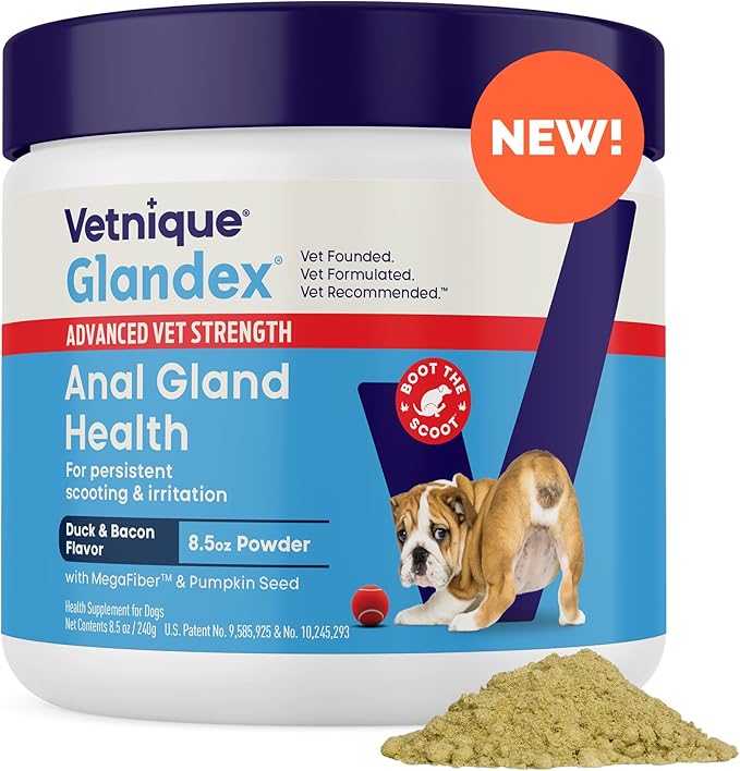Vetnique Glandex Dog Fiber Supplement Powder for Anal Glands with Pumpkin, Digestive Enzymes & Probiotics - (Regular or Advanced Strength) - Boot The Scoot (8.5 oz, Advanced Strength Duck & Bacon)
