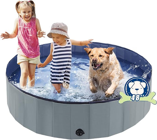 Foldable Dog Pool, Portable Pet Bath Tub and Kiddie Swimming Pool, Collapsible Bathtub for Puppies, Small, Medium and Large Dogs, Cats and Kids, 48 x 12 in, Gray