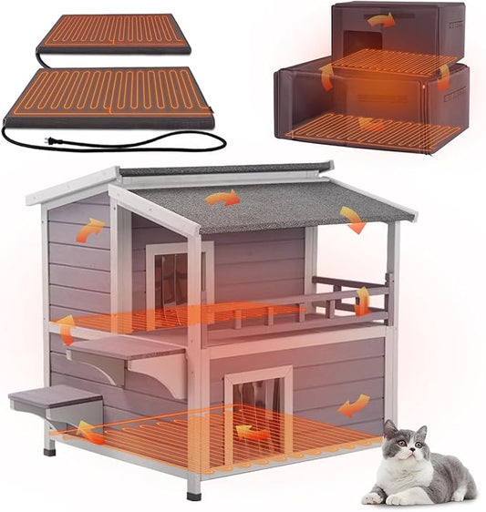 GUTINNEEN 2-Story Heated Cat House Outdoor Insulated Cat House Weatherproof Feral Cat Shelter with Safe Heating Pad, Insulated All-Round Thermal Liner for Feral Stray Barn Cats, 29"L x 27.6"D x33.5"H