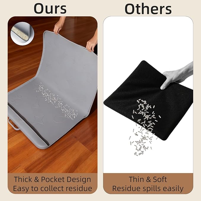 Silicone Cat Litter Mat with Collection Pocket, 42" x 28" Large Cat Litter Box Mat Waterproof Anti-Slip Litter Trapping Mat with Edge and Handle Pet Placemat for Floors (Light Grey)