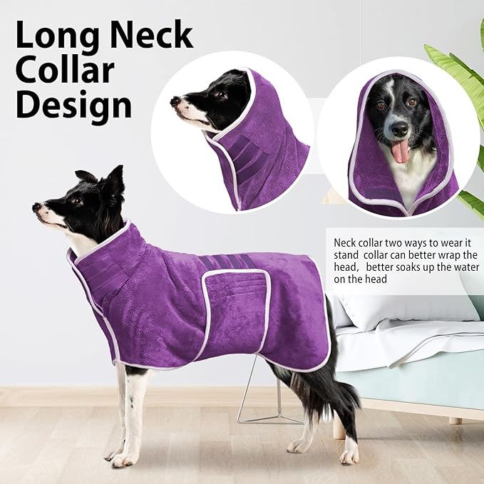 Dog Bathrobe Towel Dog Drying Coat - Super Absorbent Towels Bath Robe for Dogs Large, Soft Adjustable Collar & Belly Strap Fast Drying Coat Pet Cat Bath Robe (Violet, 3X-Large)
