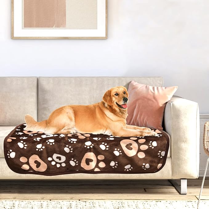 Dog Blanket, Soft Fleece Dog Blankets for Large Dogs, Fluffy Flannel Pet Cat Puppy Blanket Mat Cover for Bed Couch, Cute Paw Print Throw Blanket for Dogs, Brown 60"X50"