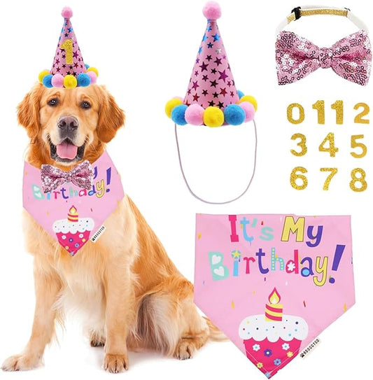 ADOGGYGO Dog Birthday Bandana Scarf and Dog Girl Birthday Party Hat with Cute Bow Tie for Extra Large Dogs Pets (X-Large)
