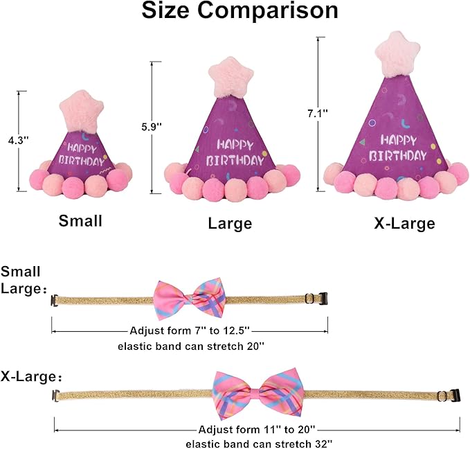ADOGGYGO Dog Birthday Party Supplies, Pink Birthday Girl Pet Bandana Hat Bowtie Set for Medium Large Dogs (Large)