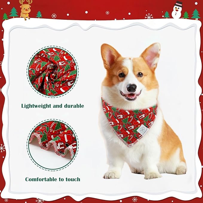 E-Clover Christmas Dog Bandanas & Matching Scrunchie Set Green Red Dog Scarf Bibs Pet Bandana with Bow Tie for Medium Large Dogs Owner Mom Winter