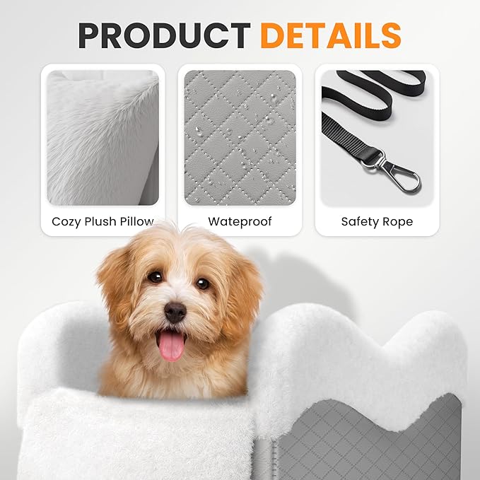 Portable Small Dog Seat for Car, Luxury Center Console Dog Car Seat Booster with Safety Tethers, Anti-Collapse Pet Travel Carseat for SUV, Truck (Light Grey/White)