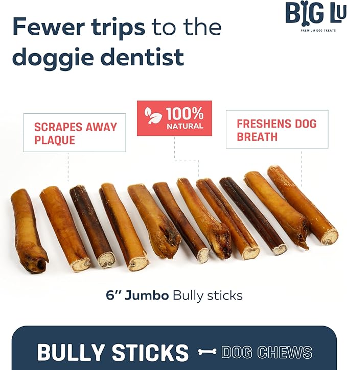 Big Lu - 6” Jumbo Bully Sticks, 10 Count, 100% Grass-Fed Beef Chews, Fully Digestible, Long-Lasting Treats for Aggressive Chewers, Natural Single-Ingredient Chews for Medium & Large Dogs