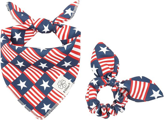 E-Clover 4th of July Dog Bandanas & Matching Scrunchie Set American Flag Dog Scarf Washable Patriotic Pet Bandana Kerchief Bibs for Medium Large Dogs Owner Gifts
