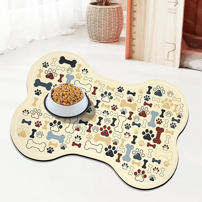 Dog & Cat Food Mat Bone Shaped Pet Feeding Mat Quick Absorb Water Bowl Placemat with Rubber Backing Indoor Floor Stain Resistant Pet Accessory Supplies (Beige, 12x24 Inches)