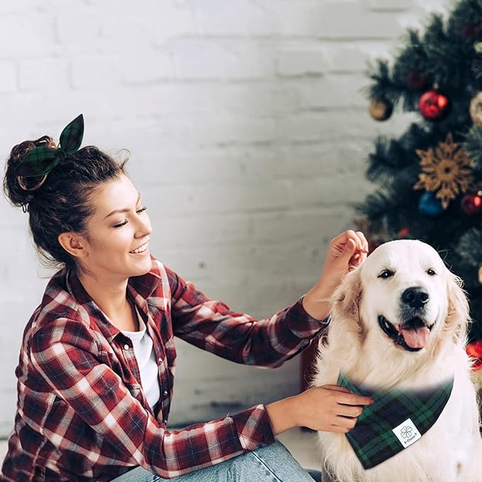 E-Clover Christmas Dog Bandanas Boy & Matching Scrunchie Set Plaid Dog Scarf Kerchief for Medium Large Dog Pet Bandana Owner Gifts Blue Green Fall
