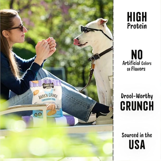 Three Dog Bakery Bark’N Crunch! Chicken Chips, Crunchy Treats for Dogs, Single Ingredient, High Protein Snacks, No Artificial Flavors or Colors, Made in The USA, 8 oz.
