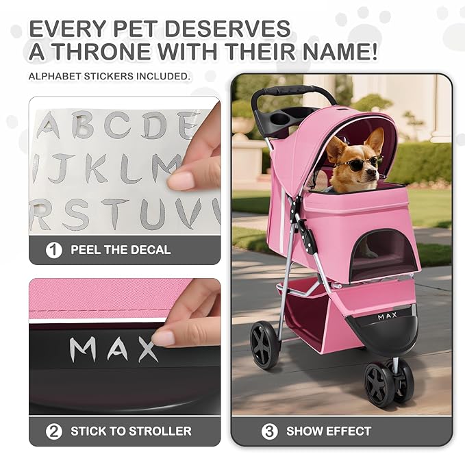MoNiBloom 3-Wheels Foldable Pet Stroller with Waterproof Cover, Pet Strolling Cart for Small/Medium Dogs and Cats with Storage Basket and Cup Holder, Breathable and Visible Mesh for All-Season, Pink