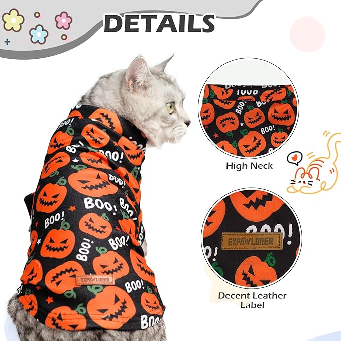 EXPAWLORER Cat Halloween Sweater - Sweaters for Cats Only Soft Warm Pet Clothes, Fall and Winter Pumpkin Coat Pullover Design, Fleece Sweatshirt Clothing Also for Puppy Small Dogs, Small