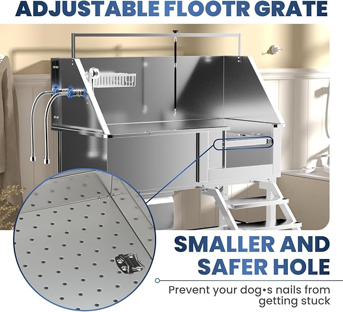 46" Dog Washing Station, Professional Stainless Steel Dog Bathtub w/Ramp & Storage Drawer, Adjustable Grate, Non-Slip Design, Perfect for Home Grooming & Large Dogs (46" Right Stair)