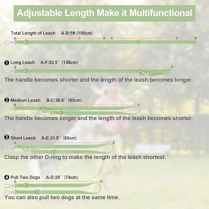 Wisedog Waterproof Dog Leash – 5ft/6ft Adjustable with 2 Hooks & Traffic Handle, Easy to Clean Double Clip Leash for Small, Medium, Large Dogs (Sage Green,S)