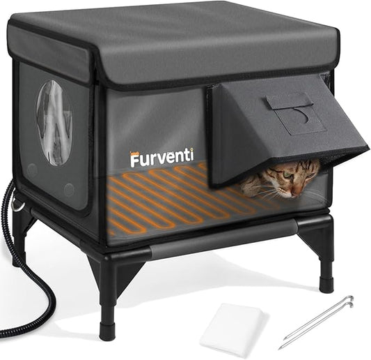 Heated Cat House for Outside,Dual Camera Mounts,100% Weatherproof & Extremely Insulated,Elevated Feral Cat Shelter with Escape Door,Waterproof Eaves for Outdoor Stray Barn Cat(Dark Grey,S)