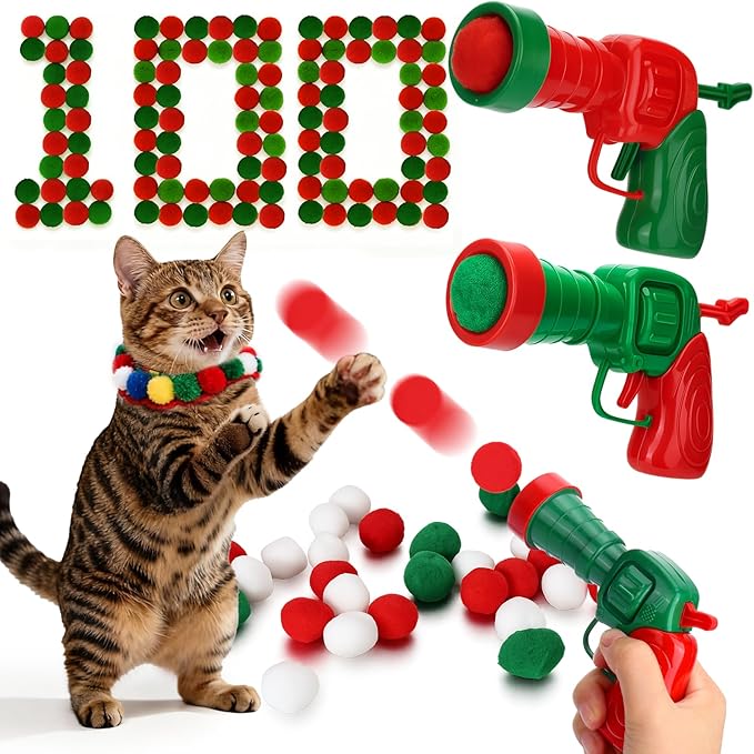 Mity rain 102PCS Cat Ball Launchers & Pom Pom Balls Interactive Cat Toy Set – Safe Soft Plush Kitten Toys for Indoor Cats, Fun Kitten Toys for Endless Active Play (Christmas)