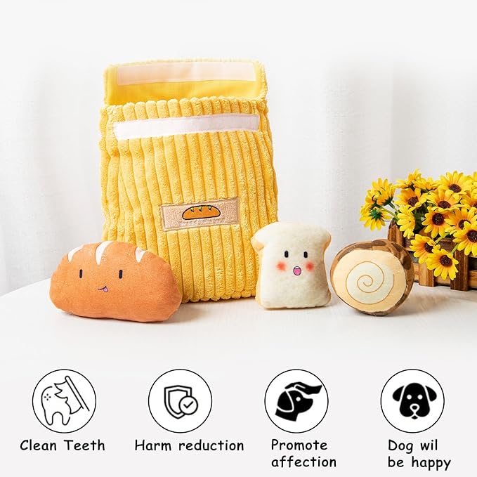Hollypet Squeaky Dog Toy, Interactive Plush Hide and Seek Dog Toys for Small Medium Sized Dogs and Non-Aggressive Chewers, Puppy Teeth Clean Chew Toys, Bread