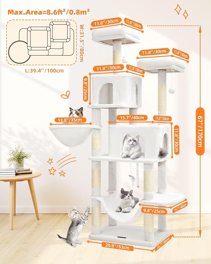 Taoqimiao Cat Tree, 66.2-Inch Cat Tower for Indoor Cats, Plush Multi-Level Cat Condo with 12 Scratching Posts, 2 Perches, 2 Caves, Hammock, 2 Pompoms, Cream White MS013C