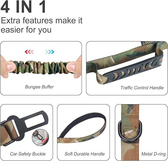Hotsky Tactical Dog Leash Heavy Duty for Medium Large Dogs That Pull,4-6Ft Strong Bungee Shock Absorbing Military Dog Leash with Padded Double Handle and Car Seatbelt,Camo