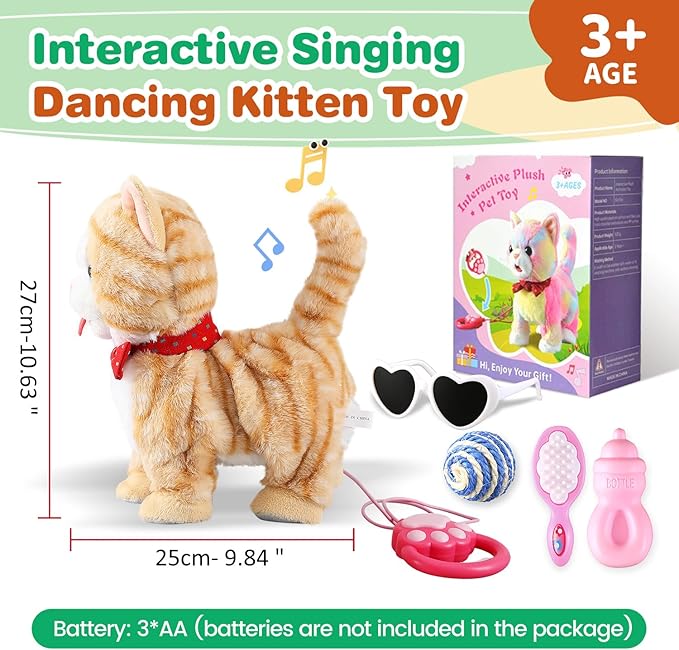 Yellow Pattern Leash Walking Cat Set Interactive Talking Toy Singing Dancing Kitten Mimicking Repeat What You Say Kitty Touch and Voice Control Nodding Wagging Tail Plush Electric Robot for Kid Girl