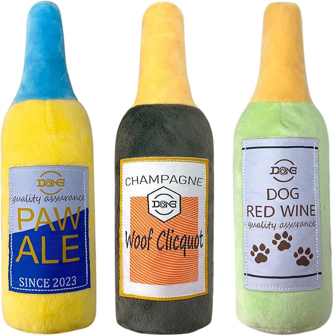 Plush Squeaky Dog Toy - Wine Bottle Shape Interactive Chew Toy for Small/Medium/Large Dogs, Stuffed Funny Dog Toys, Ideal for Indoor Home Play & Outdoor Activities, Puppy Birthday Gift (3 Pack)