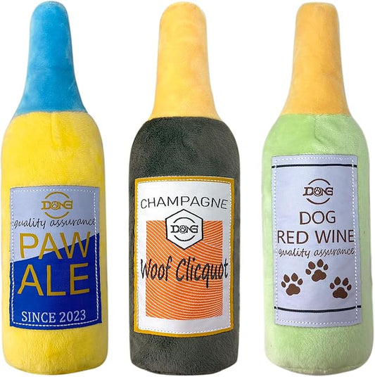 Plush Squeaky Dog Toy - Wine Bottle Shape Interactive Chew Toy for Small/Medium/Large Dogs, Stuffed Funny Dog Toys, Ideal for Indoor Home Play & Outdoor Activities, Puppy Birthday Gift (3 Pack)