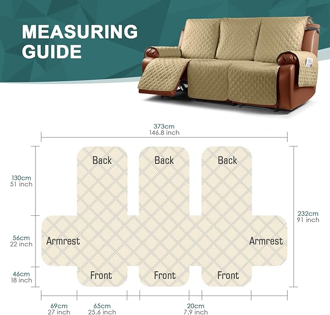 Ruaozz Waterproof Recliner Sofa Cover 1-Piece Couch Covers for Reclining Couches Reclining Sofa Cover Washable Furniture Protector with Elastic Straps Pocket for Kids, Pets (Sand, 3 Seater)