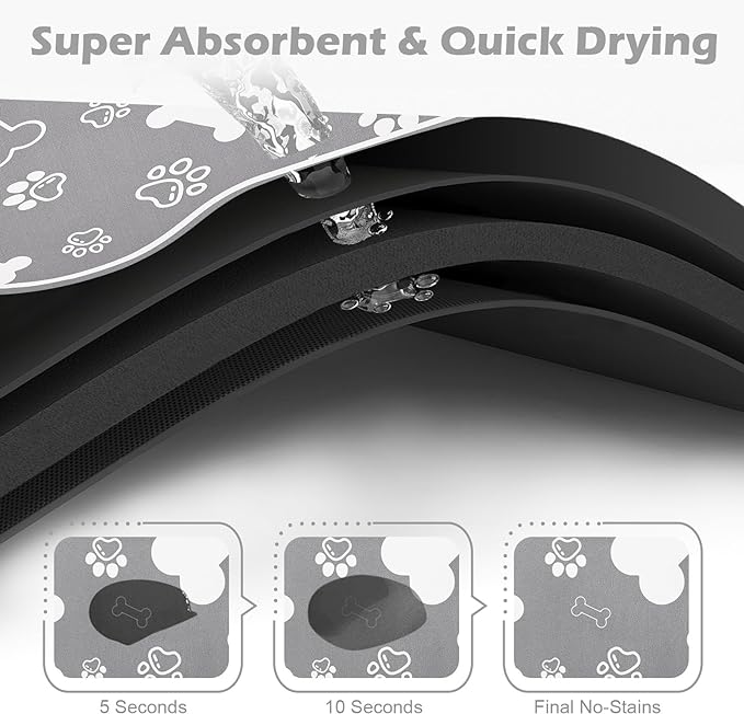 Dog Cat Food Mat,Rapid Absorbent Pet Feeding Mat, Bone Shaped Dog Placemat Water Bowl Mat with Rubber Backing,No Stains Dog Cat Food Mats Indoor, Pet Accessories Supplies 16"×24" Grey
