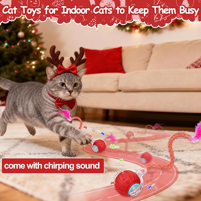 Interactive Cat Toy Ball - Christmas Cat Toys for Indoor Cats with Feather Tails for Chasing, Moving Stimulation Smart Cat Toy for Enrichment, Motion Activated Automatic Rolling Toys to Keep Them Busy