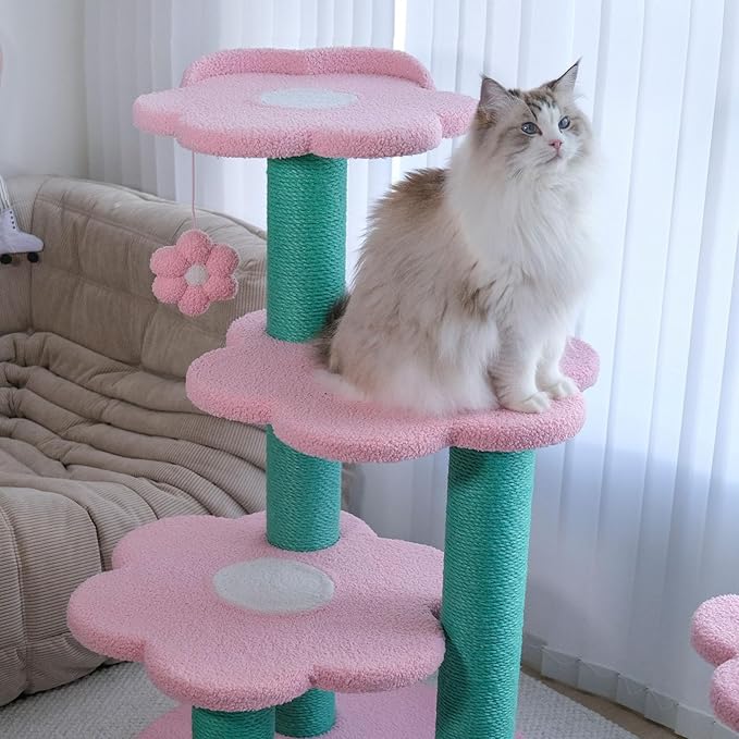 VETRESKA 39.8" Cat Tree Multi-Level Cat Tower with Platform, Sisal Scratching Posts with Hanging Blossom Toy, Indoor Cats Furniture Activity Center for Large Cats Kittens, Pink Flora