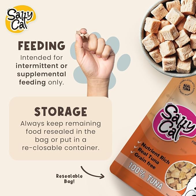 Salty Cat Freeze Dried Cat Treats, 100% Real Tuna Freeze Dried Cat Food for Freshness, Single Ingredient & Grain Free Kitten Treats, Nutrient Rich, 10g (12 Pack)