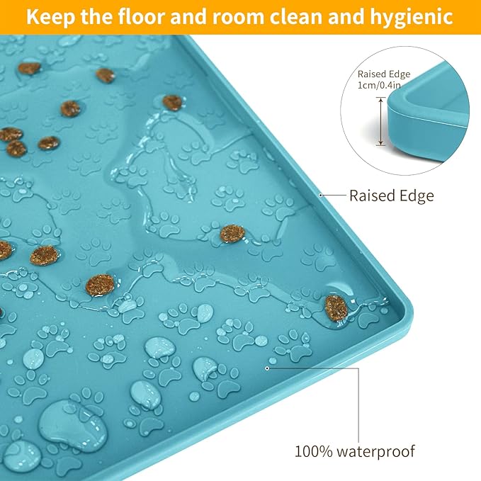 Ptlom Dog Food Mat Anti-Slip Bowl Mats for Food and Water, Waterproof Silicone Pet Placemat with High Raised Edges, Non-Slip Puppy Feeding Tray for Small, Medium Large Cats Dogs, Blue, 11.8"x11.8"