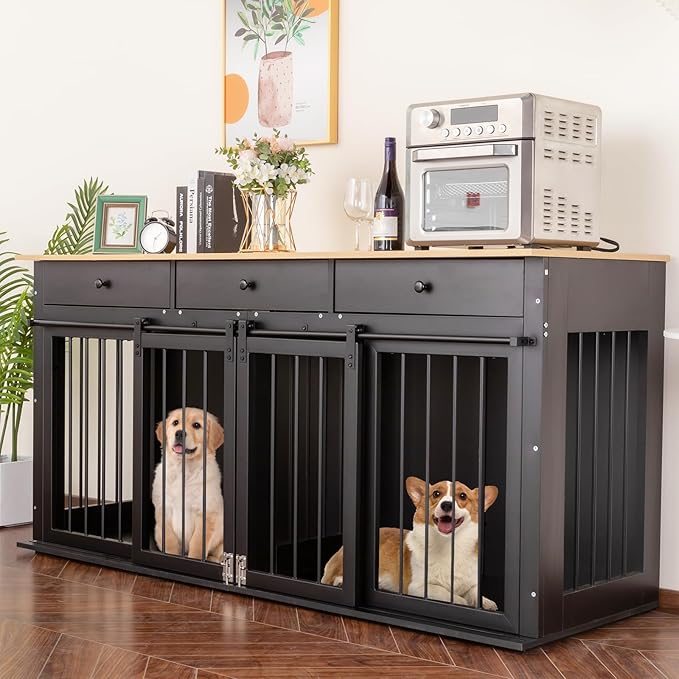 Sunseen Dog Crate Furniture Large Breed Wooden Dog Kennel with Room Divider & 3 Drawer,Black Double Doors Heavy Duty Dog Crate End Table Indoor TV Stand for Small Medium Large Dog,72''W*24''D*35''H