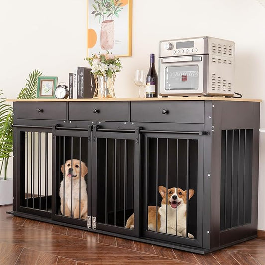 Sunseen Dog Crate Furniture Large Breed Wooden Dog Kennel with Room Divider & 3 Drawer,Black Double Doors Heavy Duty Dog Crate End Table Indoor TV Stand for Small Medium Large Dog,72''W*24''D*35''H