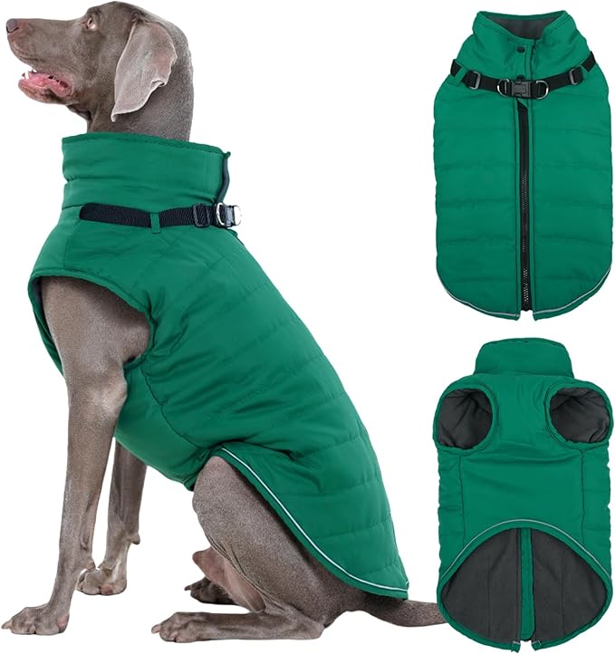 Kuoser Dog Coat, Dog Jackets for Large Dogs, Doggie Winter Coat for Cold Weather, Warm Snow Jacket Pet Apparel Clothes for Great Dane, Green XXXL