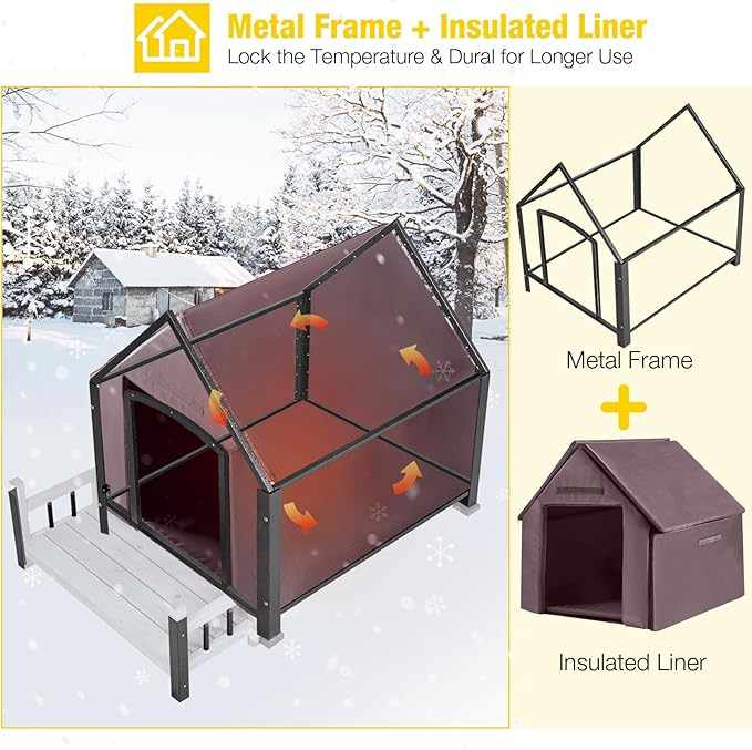 Dog House with Insulated Liner, Waterproof Dog Kennel for Small to Medium Size Dogs, Outdoor Doghouse 100% Insulated Puppy Shelter with Elevated Floor for Winter (White, Medium)