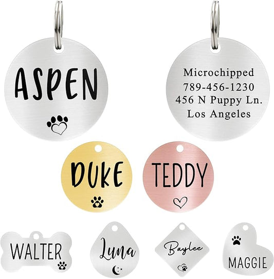 Ultra Joys Personalized Custom Dog ID Tag - Brushed Stainless Steel, Round, Silver, Small