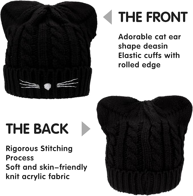 Kids Girls Cat Ear Hat Winter Warm Knit Beanie Cute Ski Skull Cap for Ages 7-12