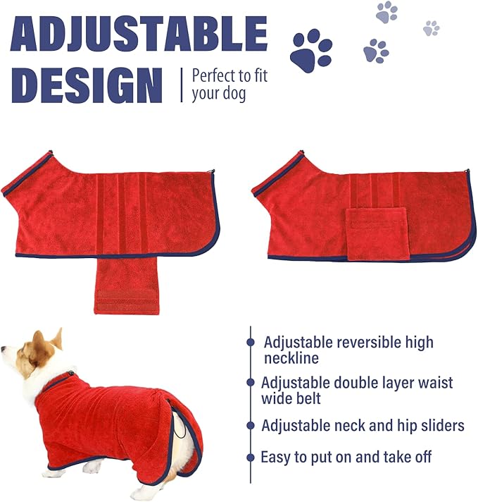 Dog Drying Coat - Fast Drying Dog Towel Robe - Microfiber Super Absorbent Pet Bathrobe, Adjustable Collar & Belly Strap Pet Coat Pet Bath Robe Towel (XXX-Large, Red)